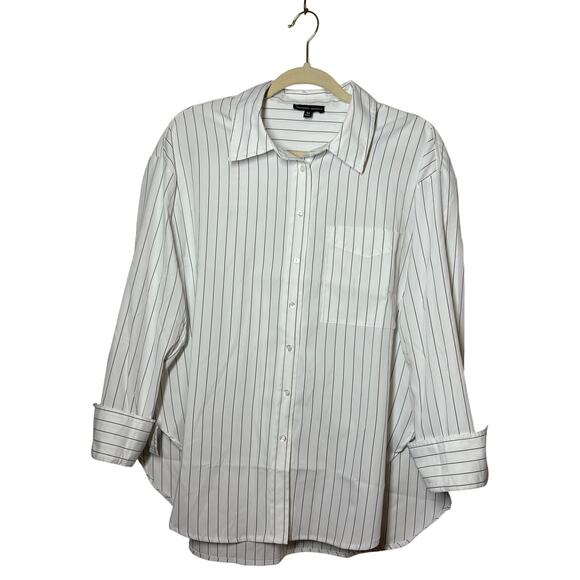 Modern Works Top Women M White Black Stripe Button Up Minimal Career Modest Prep - Picture 1 of 6